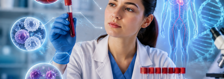 Complete blood count (CBC) test report displaying red blood cells, white blood cells, hemoglobin, hematocrit, and platelet values used to assess overall health.